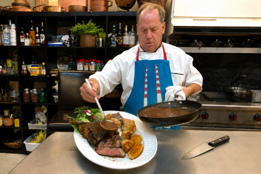 Chef Tom Catrow pouring sauce on a large dish of food.
