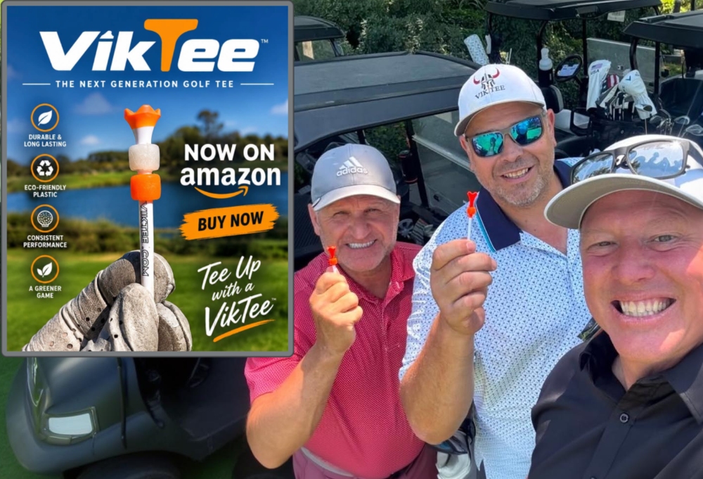 Pete+guys+tee+Flyer three happy men at a golf course holding VIKTEE tees. And VIKTEE flyer at top corner